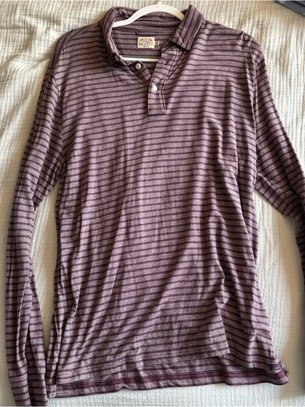Faherty Long-Sleeve Striped Polo in Burgundy and Gray